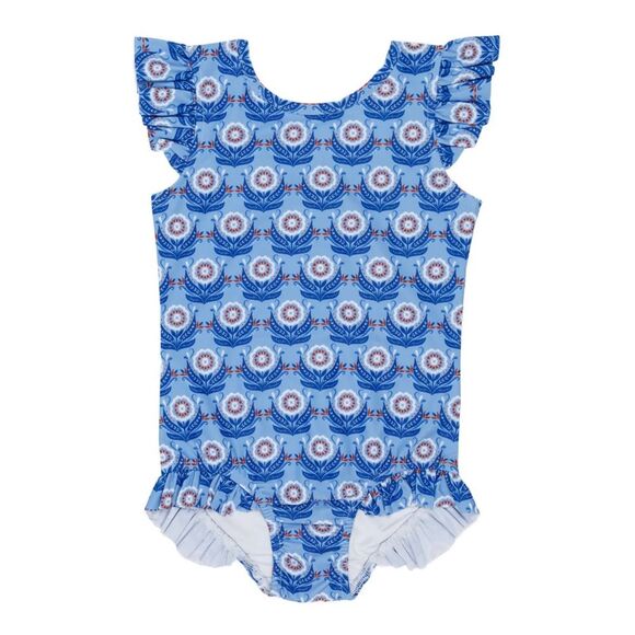 Grace & James Kids Frances One Piece Ruffle Trim Swimsuit in Blue | Size 6 - Picture 1 of 9